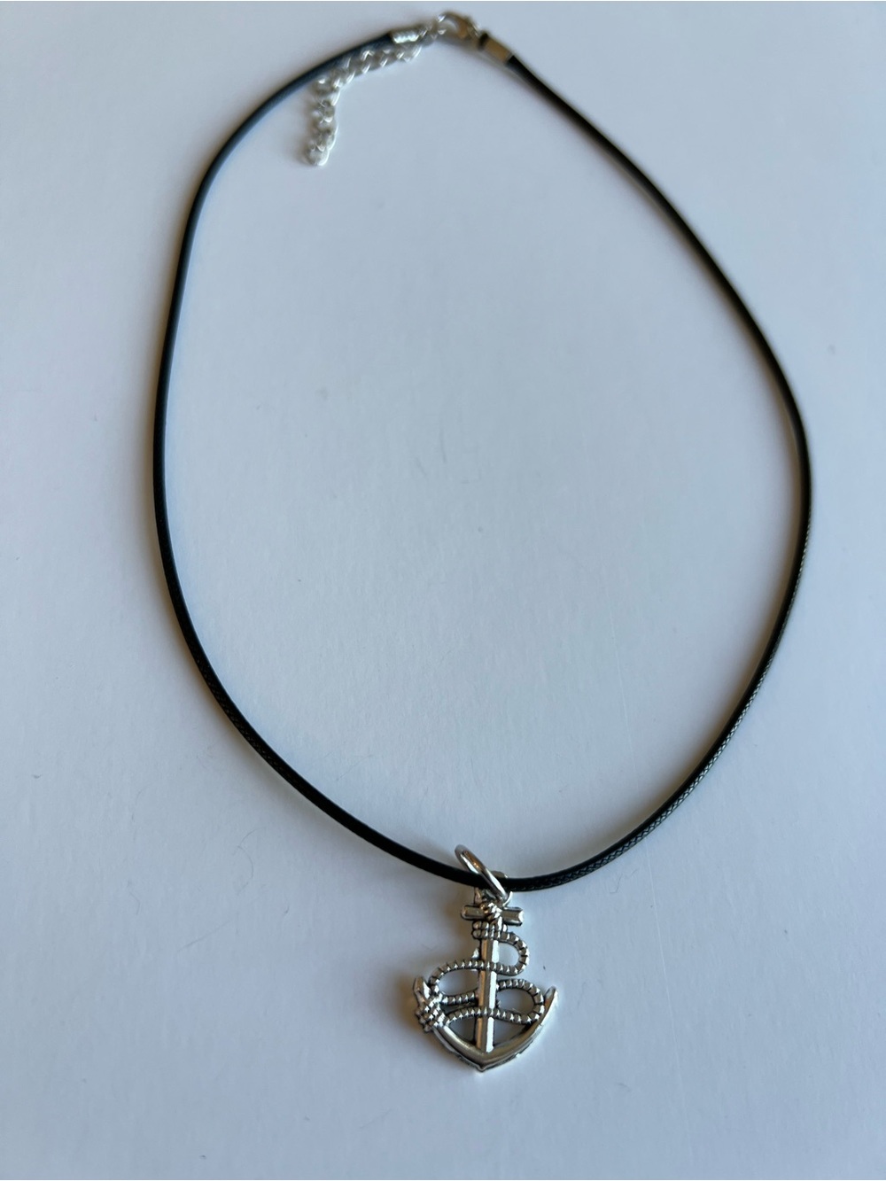 Silver Anchor Pendant Necklace on Black Cord